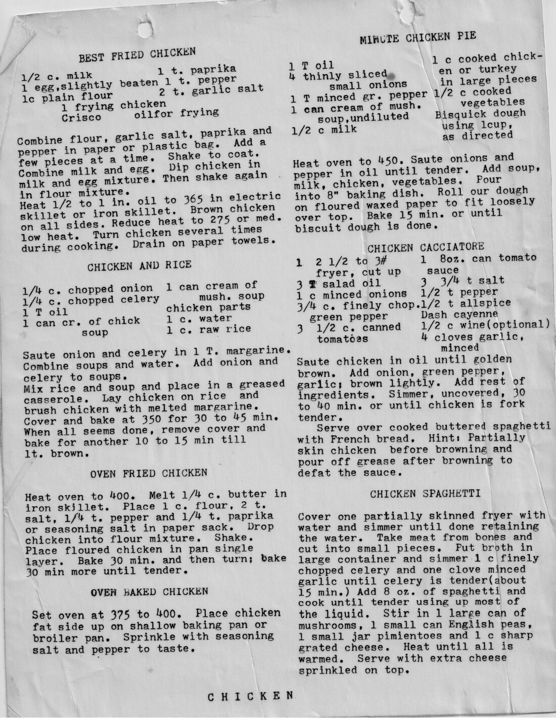 Betty’s original typed “Chicken” page — Chicken and Rice sits in the left column, alongside Best Fried Chicken, Oven Fried Chicken, and more.