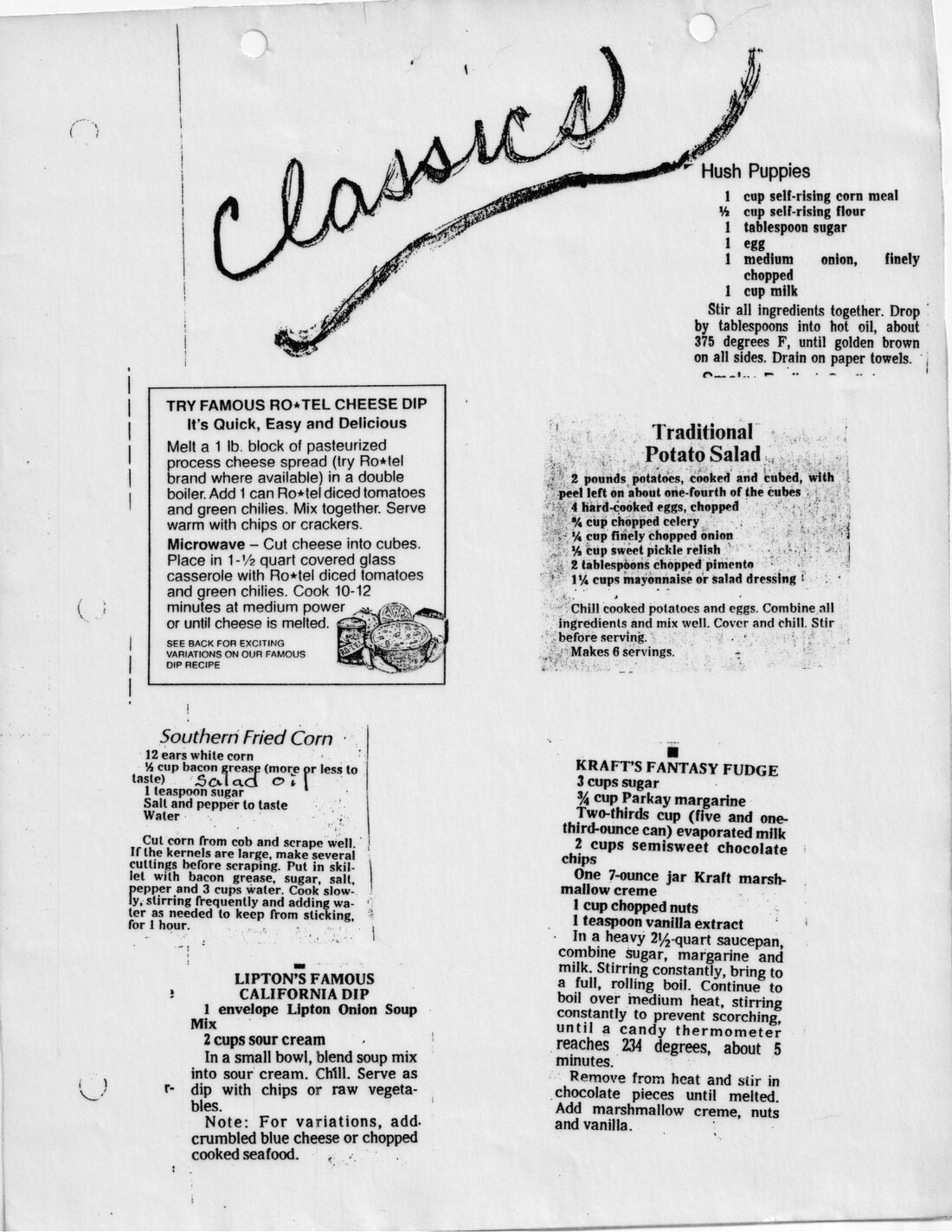 Betty’s hand-lettered “Classics” page — Southern Fried Corn is at center-left, alongside the Ro*Tel and California dips, Hush Puppies, Traditional Potato Salad, and Fantasy Fudge.