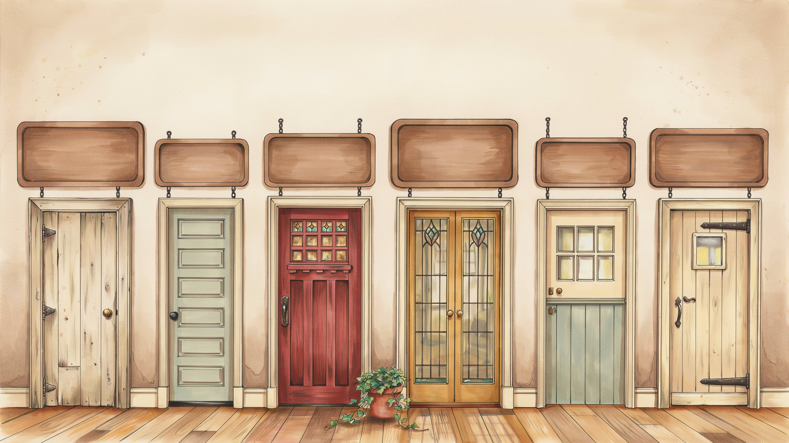 A hand-painted hallway of six doors, each with a wooden hanging sign: The Weeknight Kitchen, The Pantry, The Sweet Parlor, The Showroom, The Workshop, and Aunt Betty’s Comfort Kitchen.