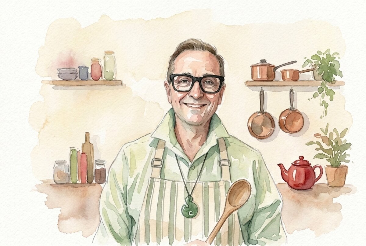 A hand-painted watercolor portrait of Stephan in his kitchen, holding a wooden spoon
