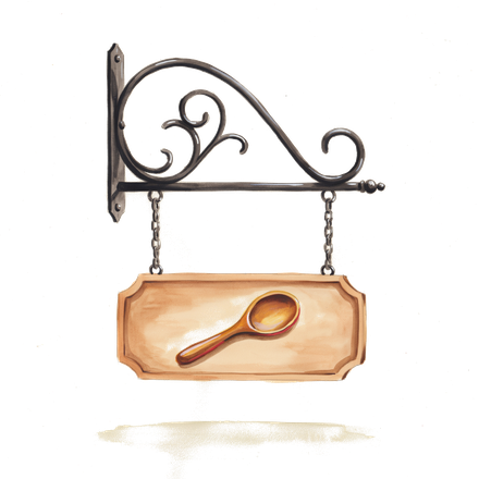 Spare Spoons Kitchen — a wooden spoon on a hanging shop sign